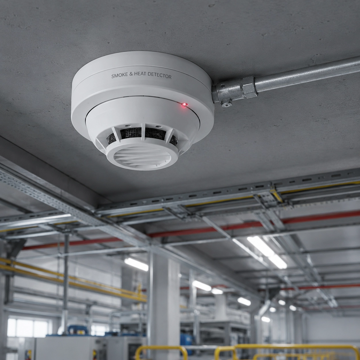 Detector de humo y calor en techo de instalación industrial