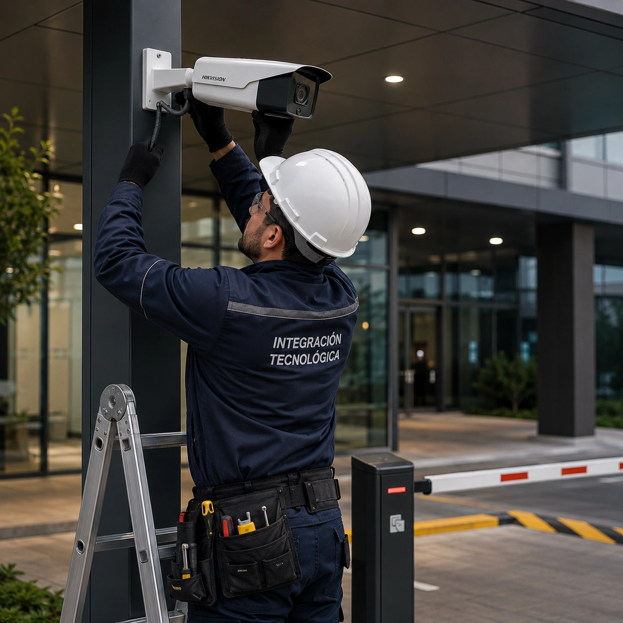 Técnico instalado cámara en acceso de empresa