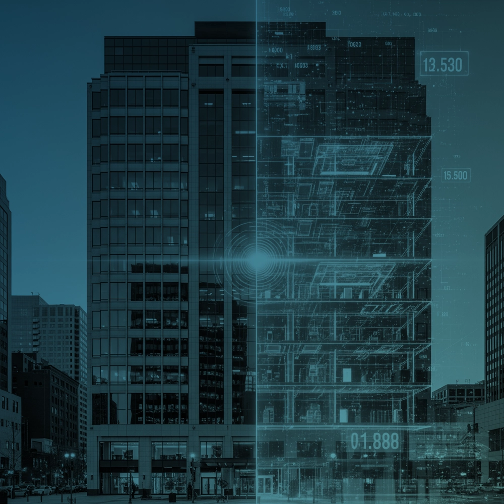 imagen de edificio con un plano virtual proyectado sobre el